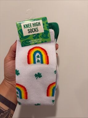 Knee High Rainbow & Shamrock Socks - White